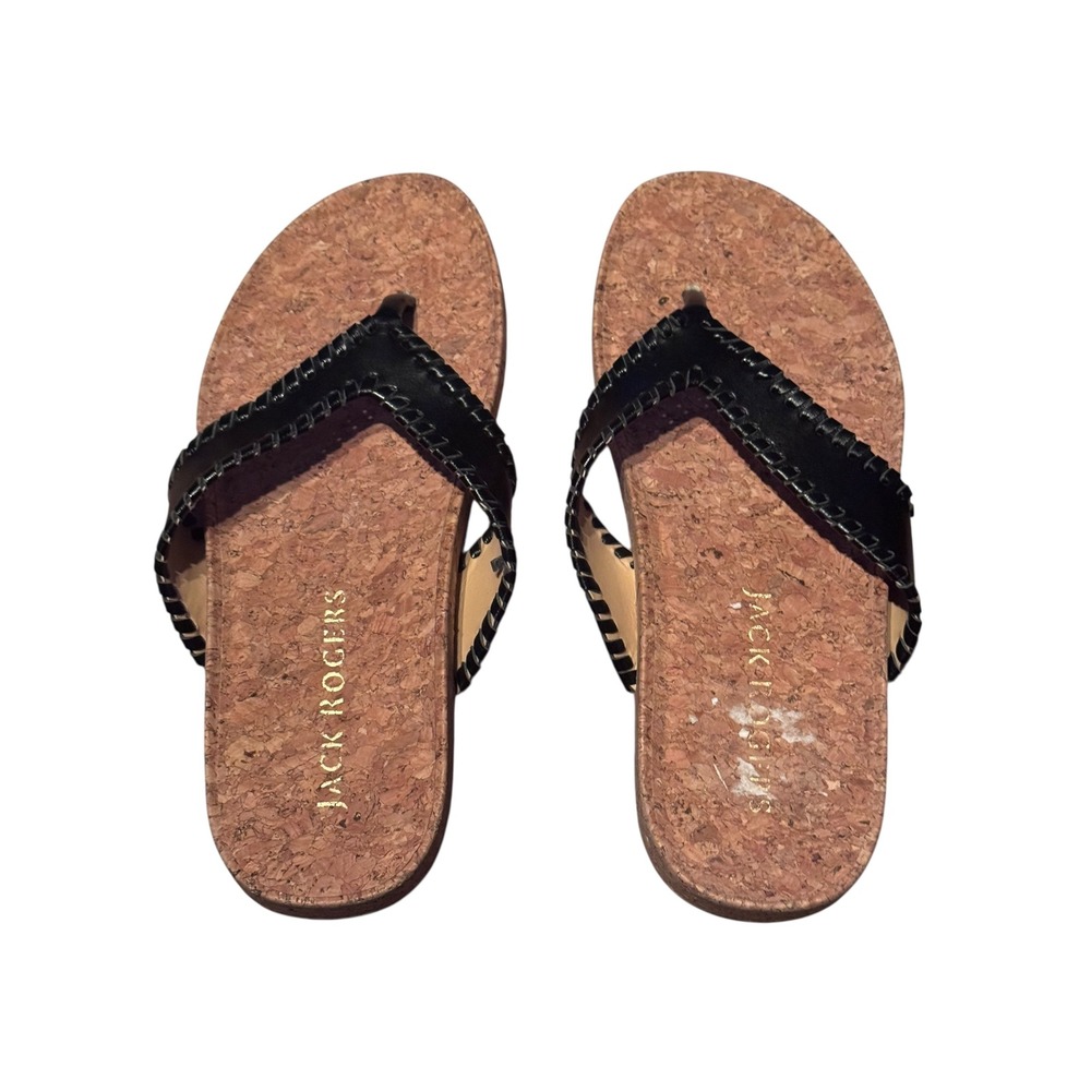 Jack Rogers Whipstitch Sandals 8M Black‎ Cork Thong Flats Preppy Coastal